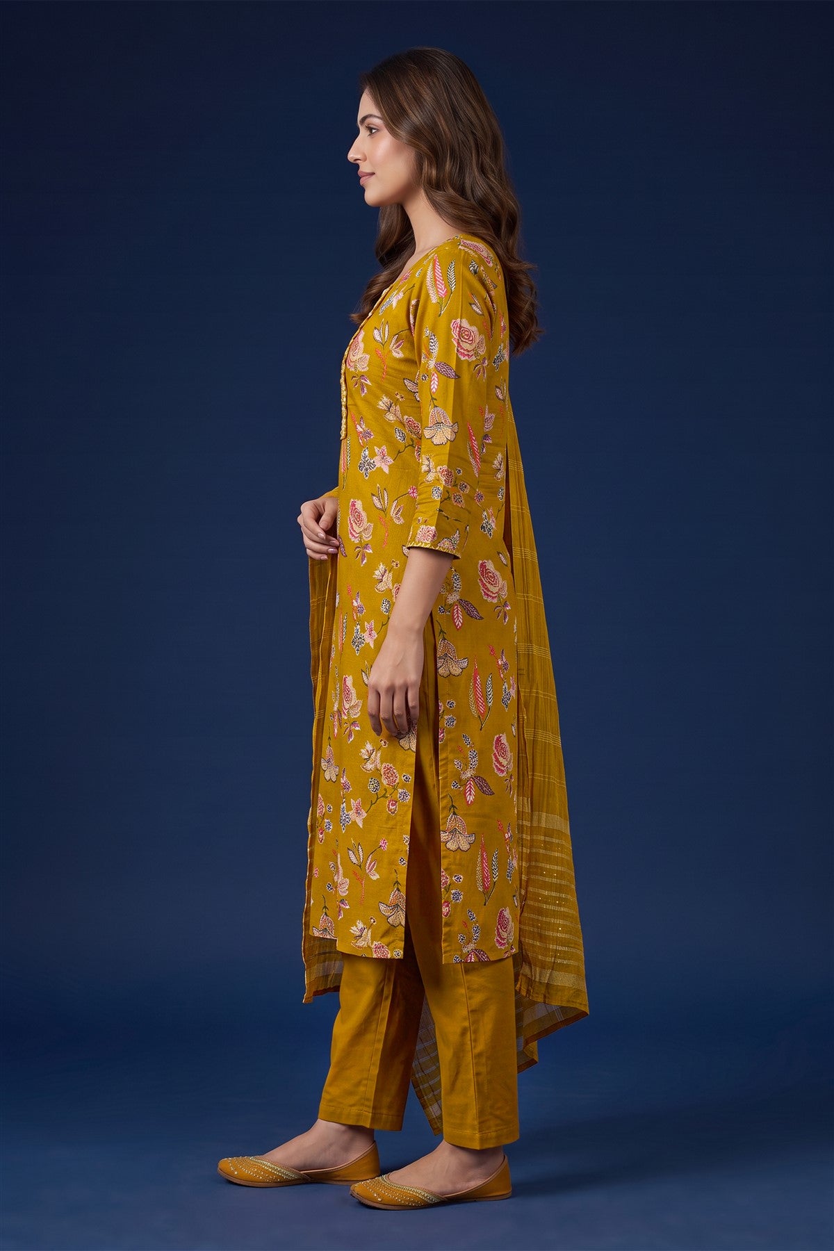 Rayon Printed Mustard Kurti Set With Dupatta