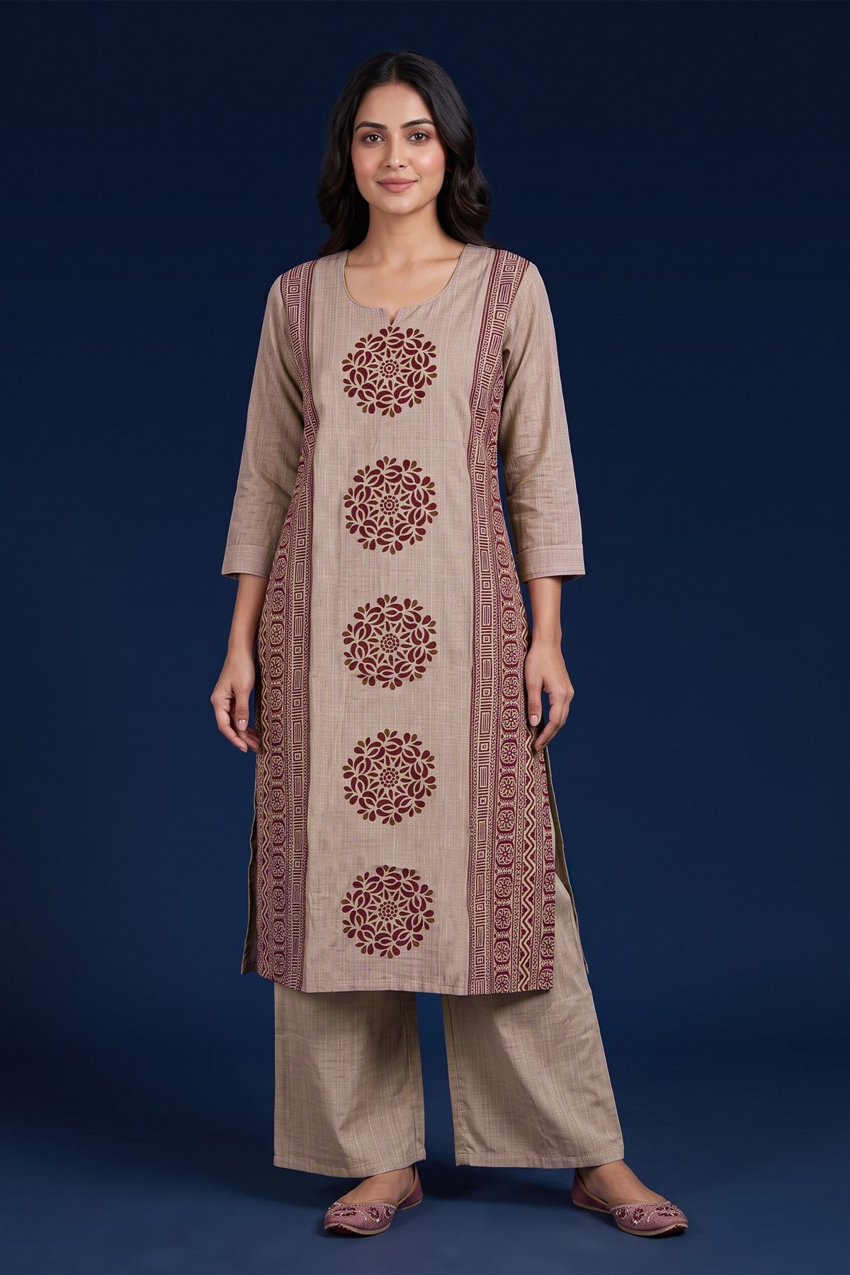 Rayon Printed Beige Kurti Set