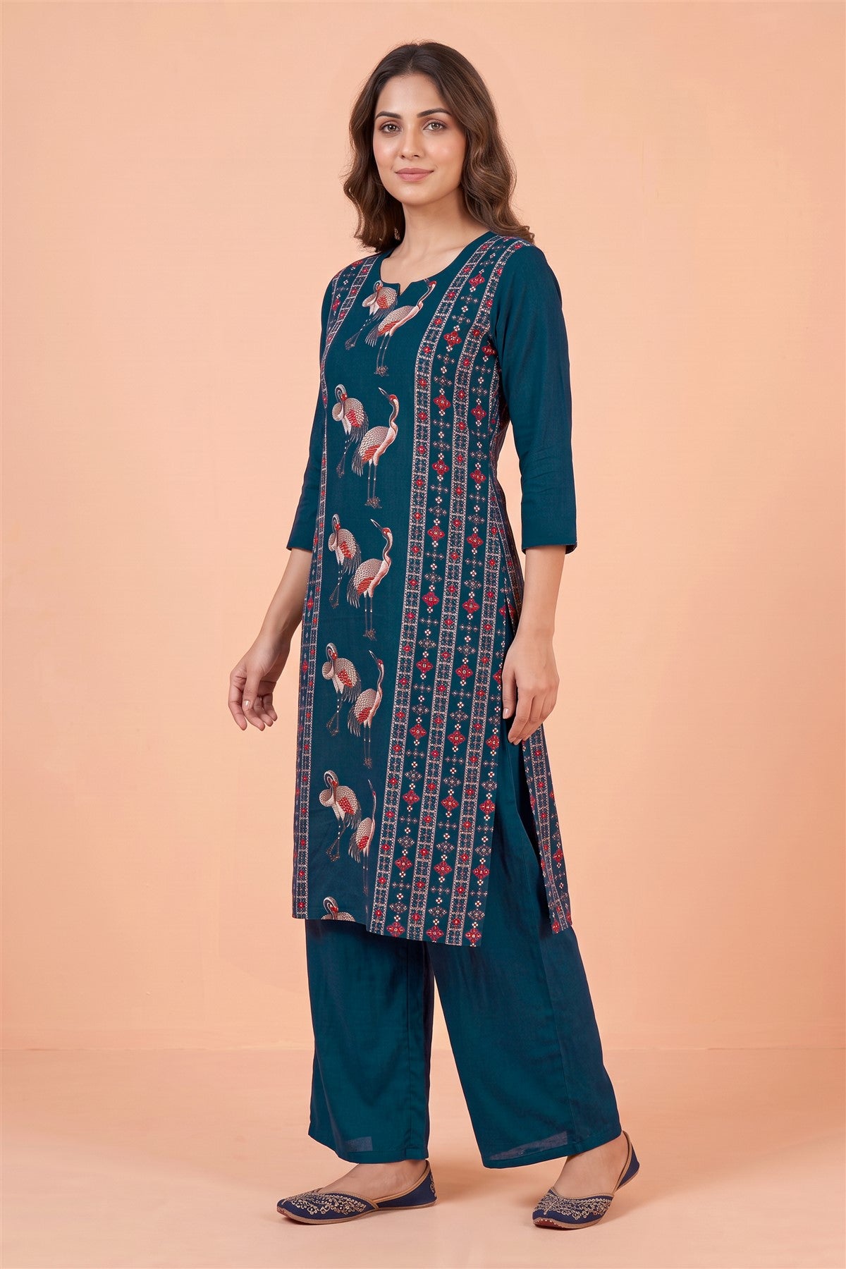 Rayon Printed Teal Blue Kurti Set