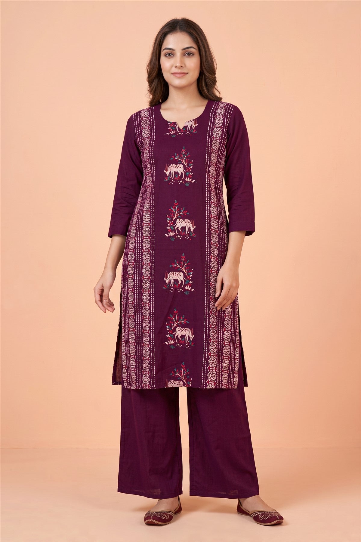 Rayon Embroidered Wine Kurti Set
