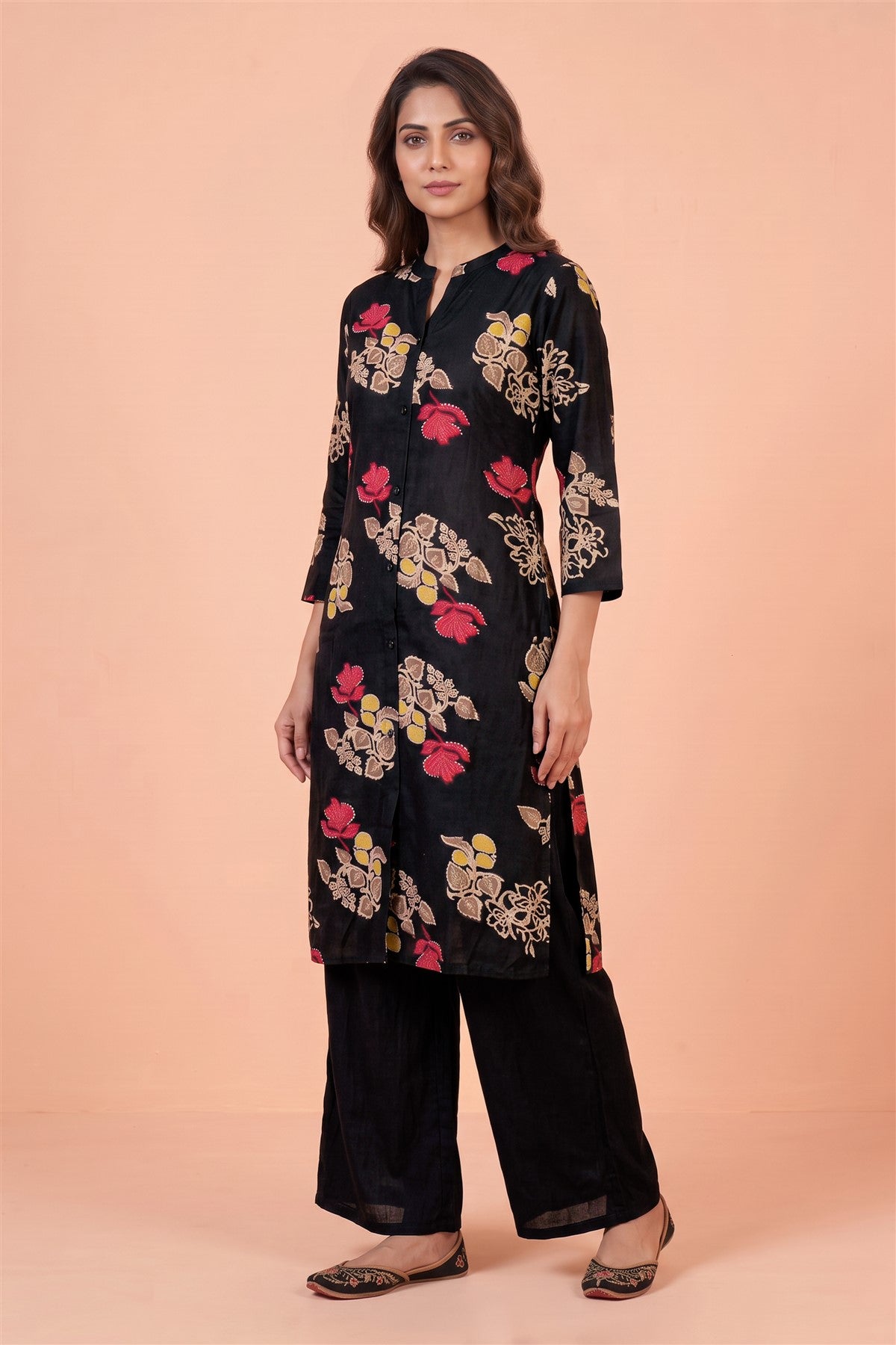 Rayon Printed Black Kurti Set