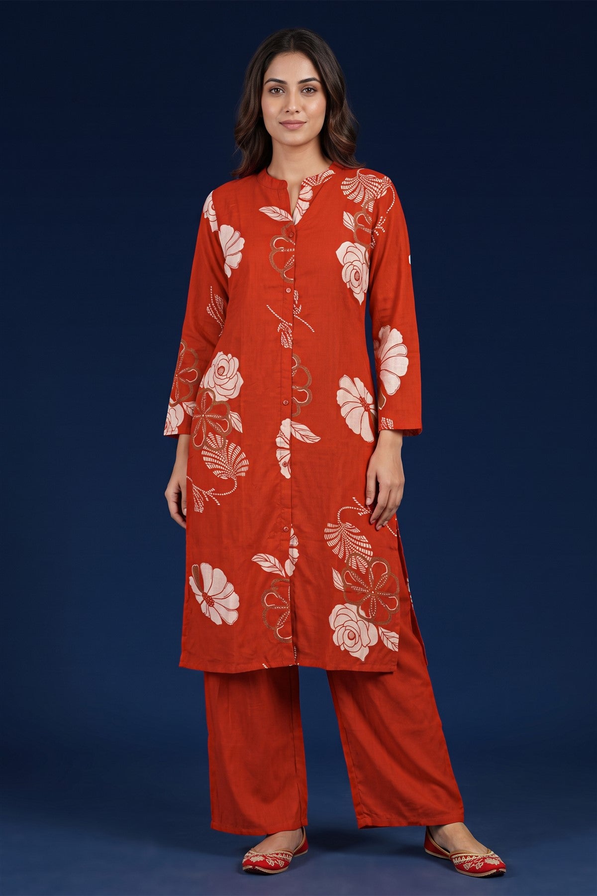 Rayon Printed Rust Kurti Set With Dupatta