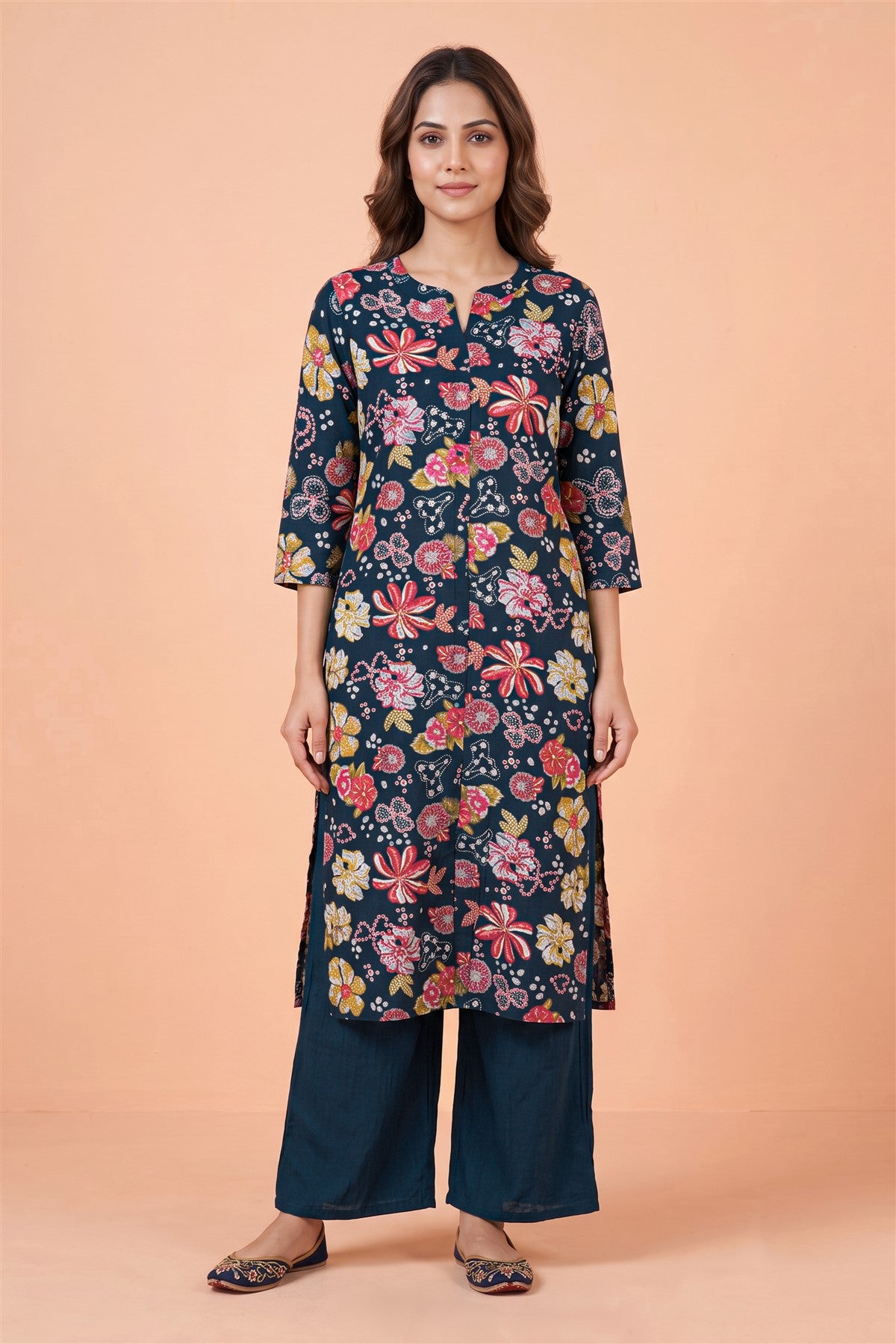 Rayon Printed Navy Kurti Set