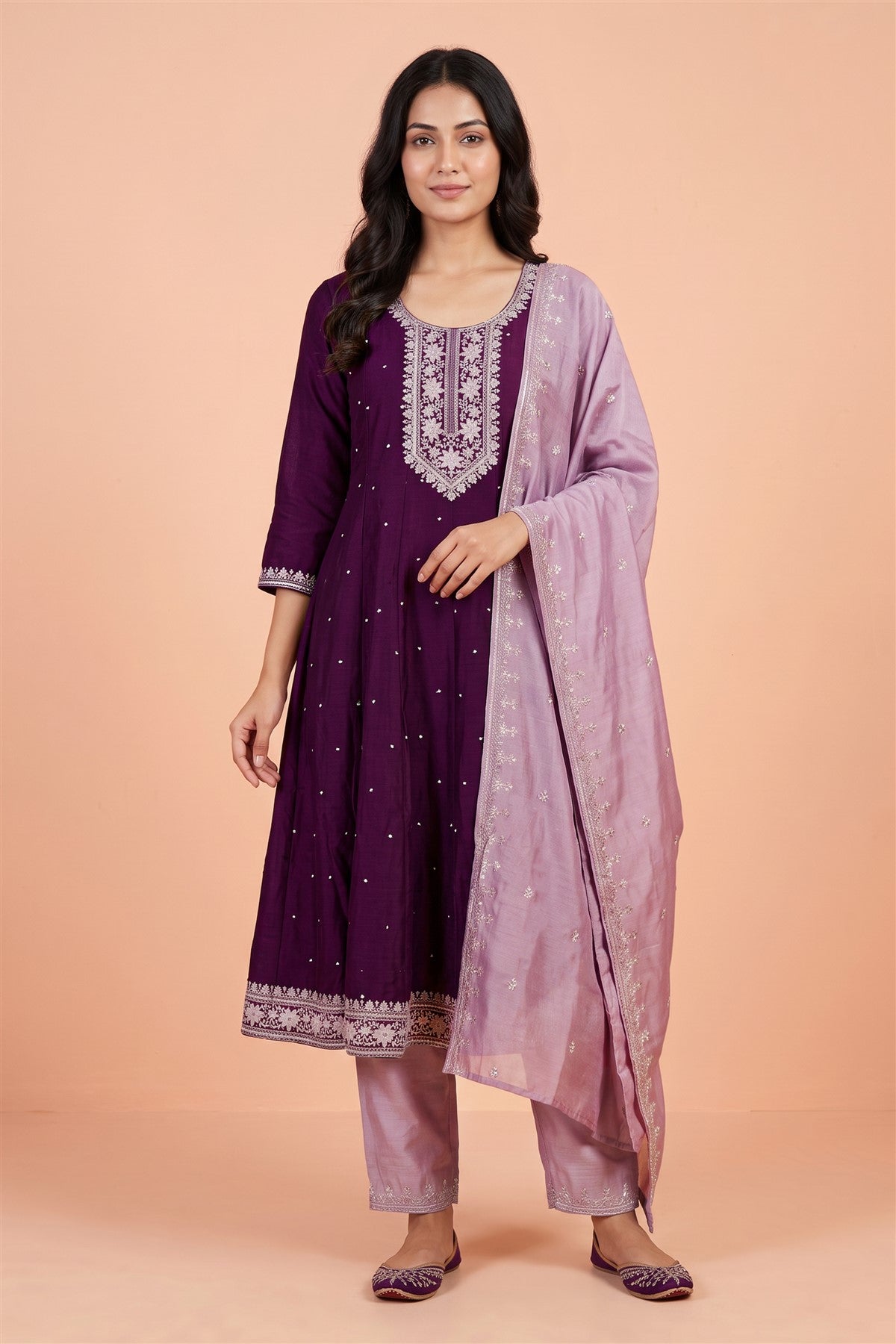 Chanderi Silk Embroidered Wine Kurti Set With Dupatta