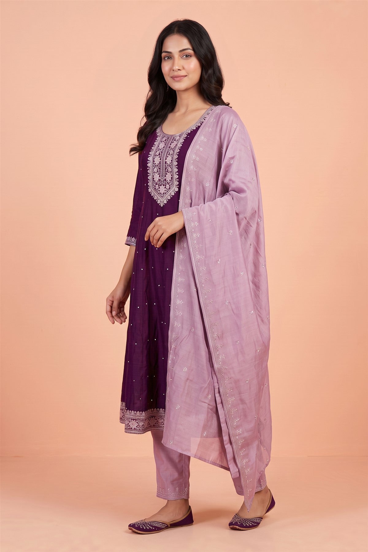 Chanderi Silk Embroidered Wine Kurti Set With Dupatta