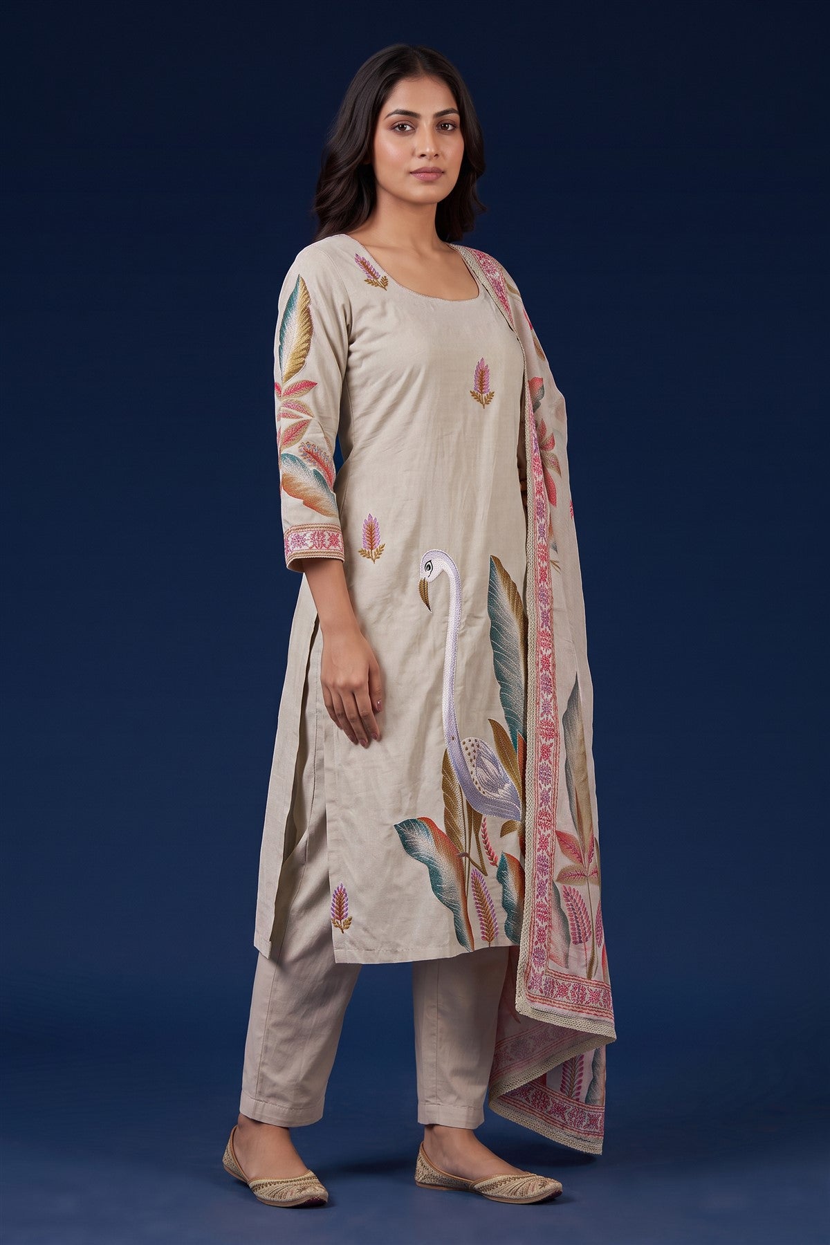 Chanderi Silk Embroidered Beige Kurti Set With Dupatta