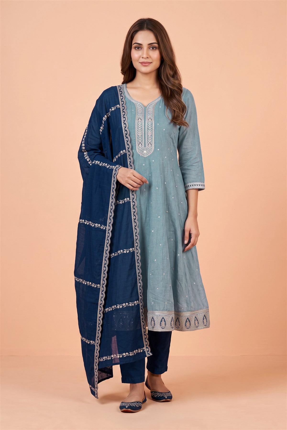 Chanderi Silk Embroidered Grey Kurti Set With Dupatta