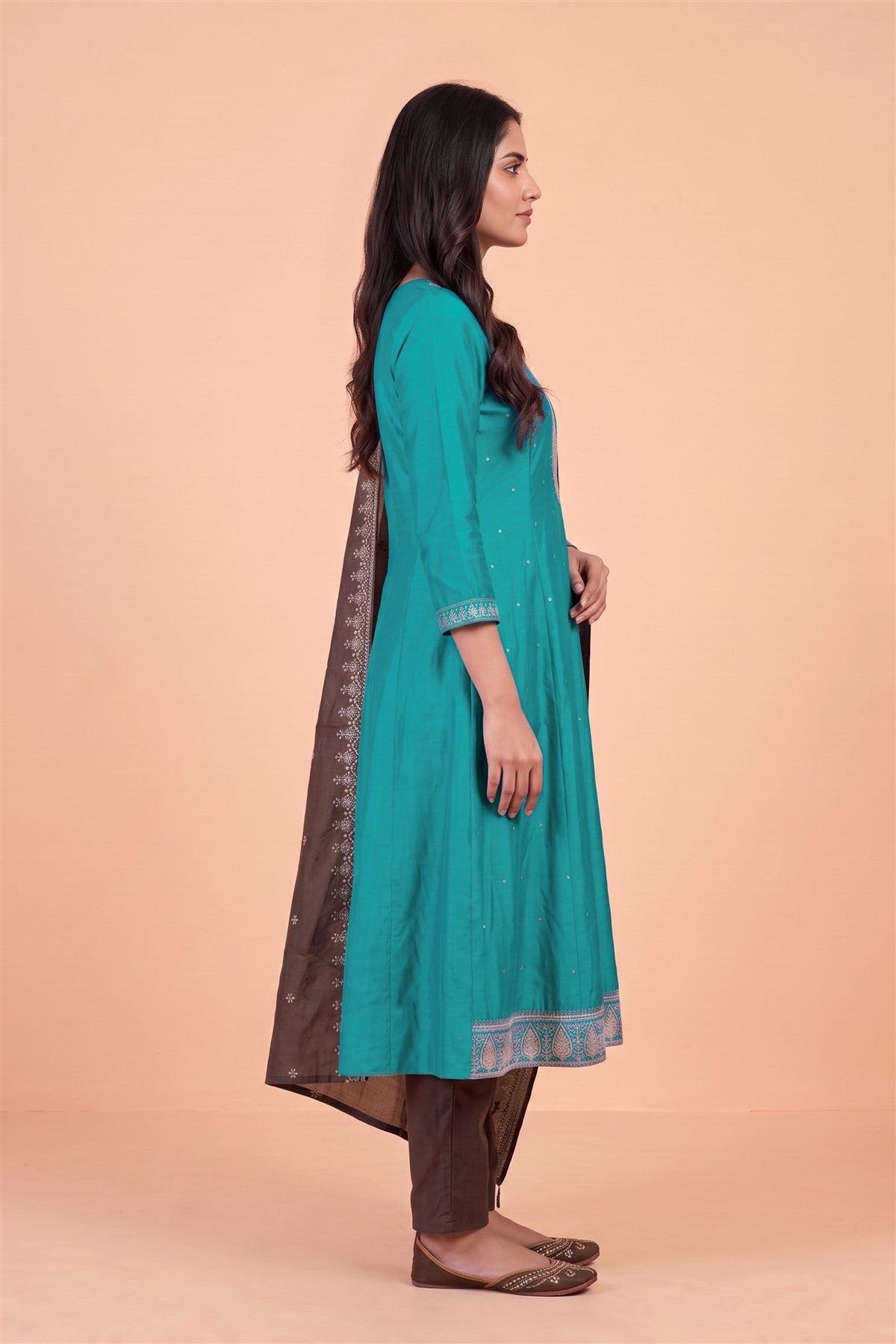 Chanderi Silk Embroidered Rama Blue Kurti Set With Dupatta