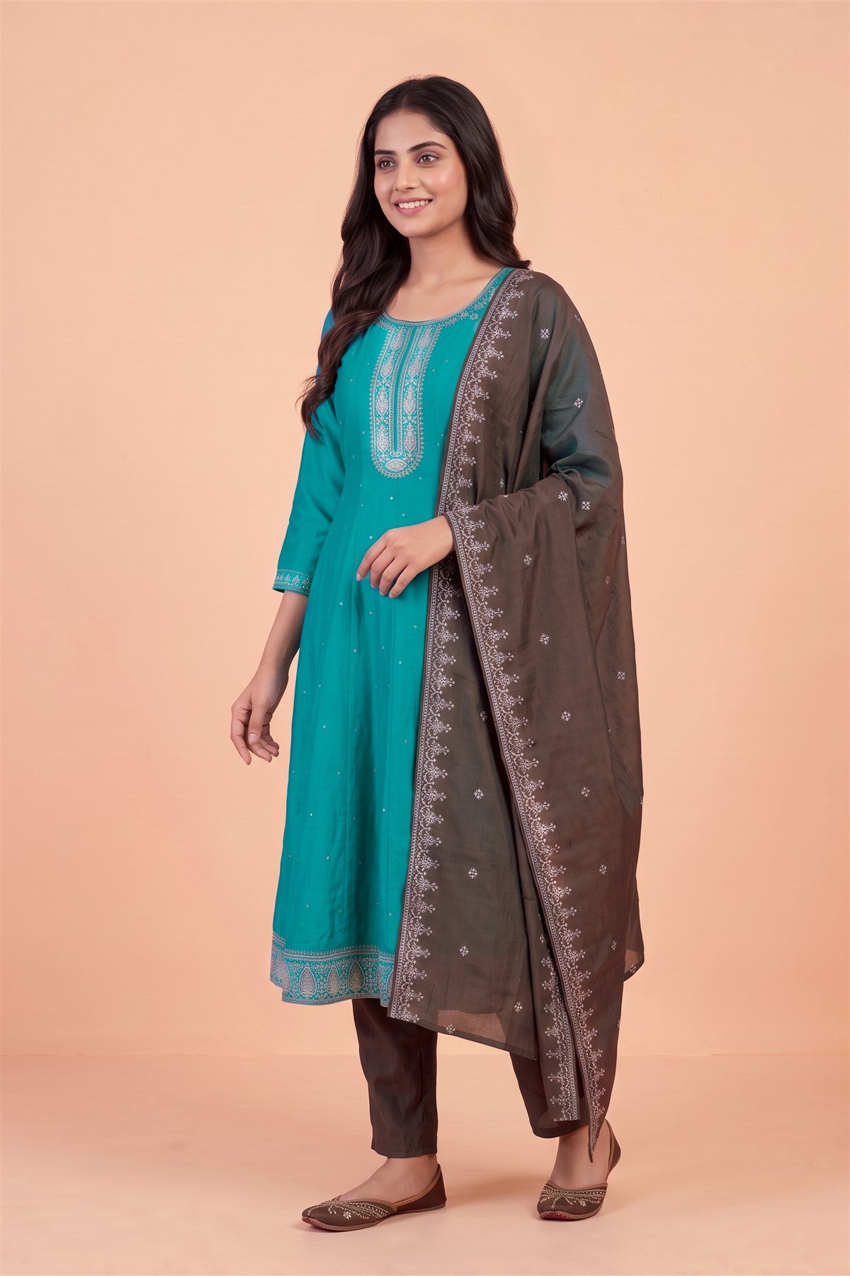 Chanderi Silk Embroidered Rama Blue Kurti Set With Dupatta