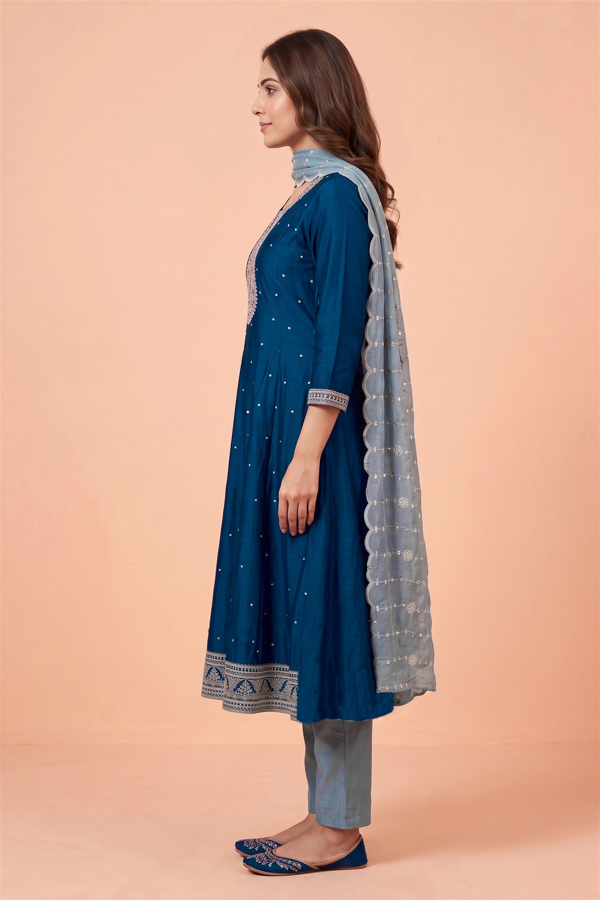 Chanderi Silk Embroidery Navy Kurti Set With Dupatta