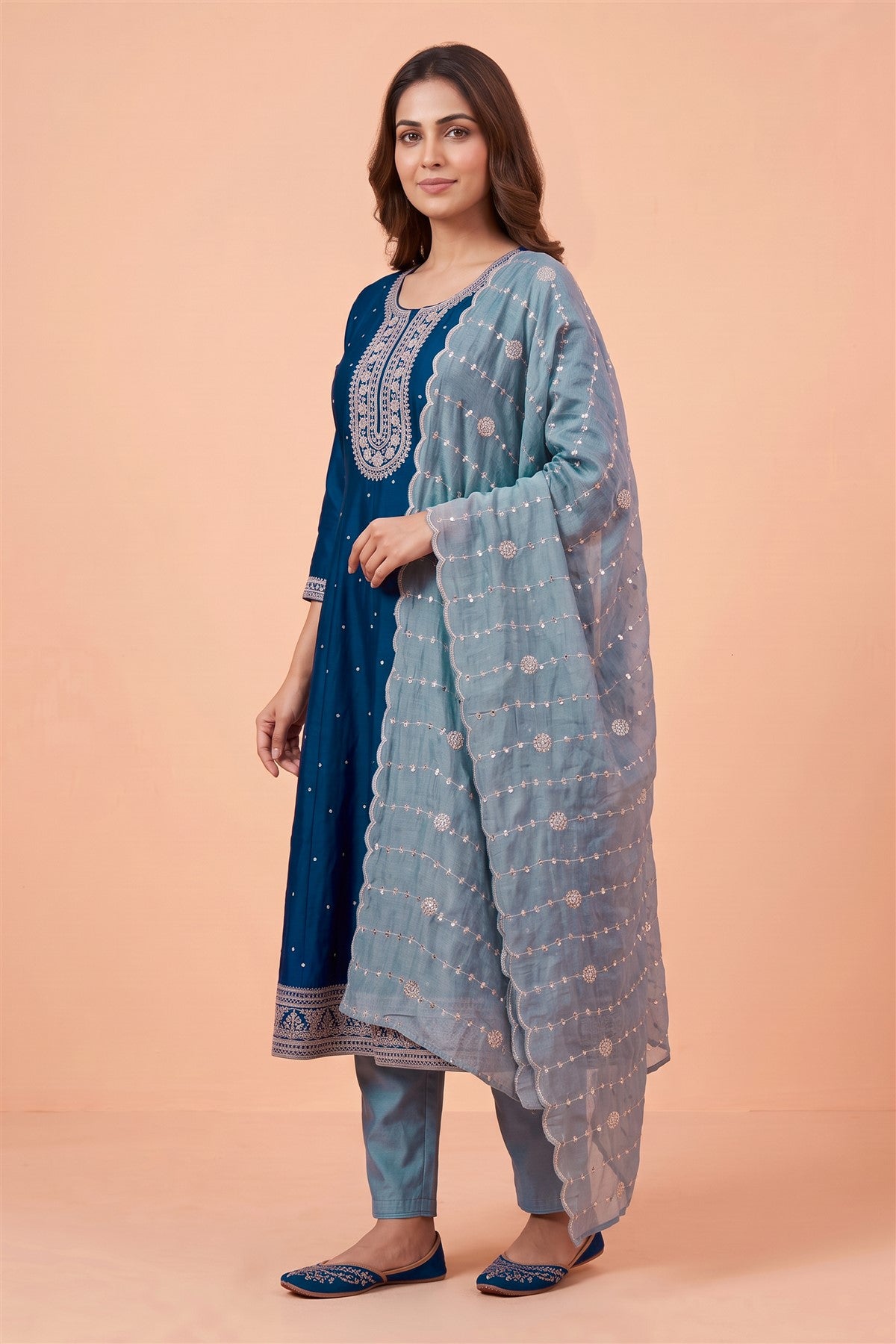 Chanderi Silk Embroidery Navy Kurti Set With Dupatta