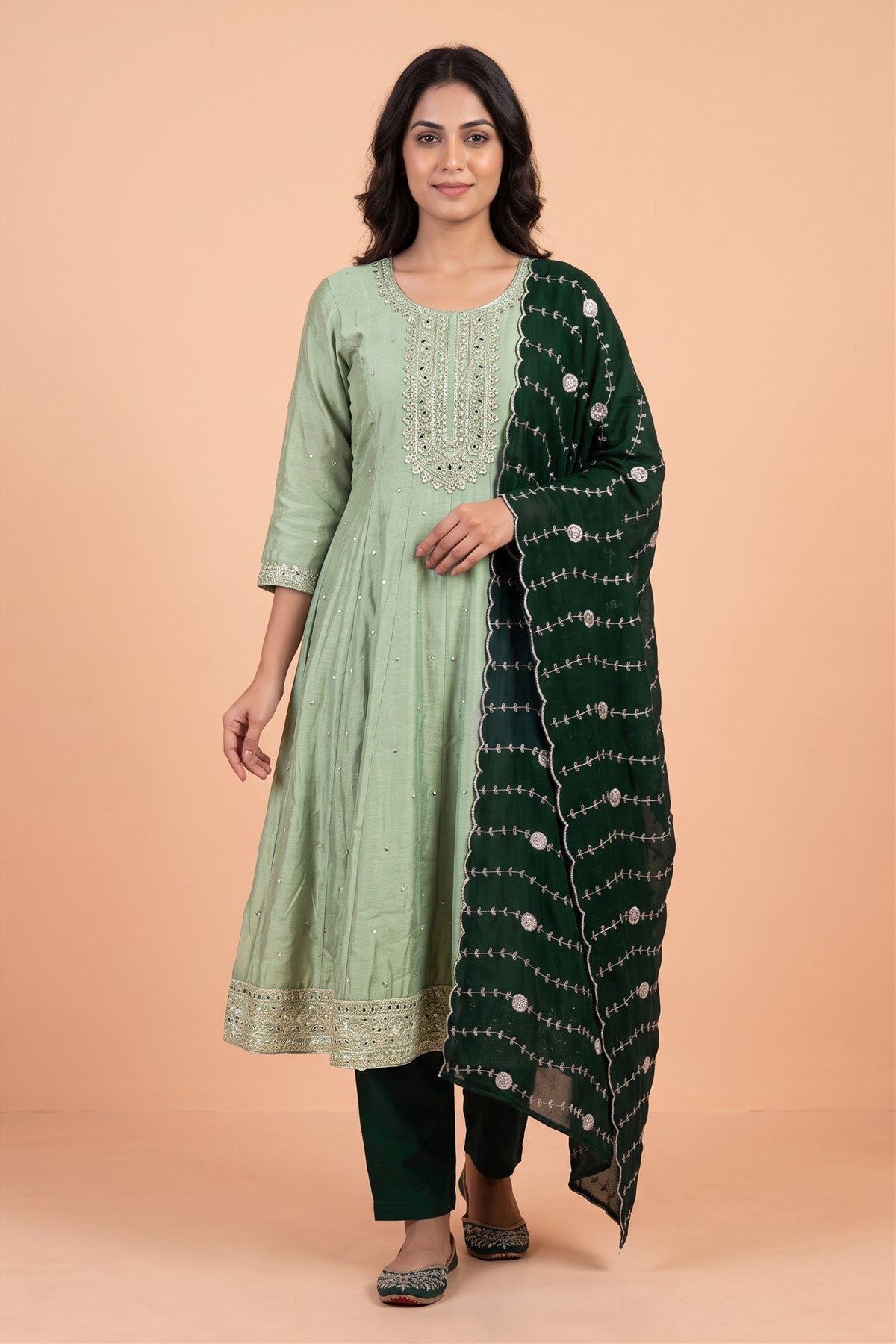 Chanderi Silk Embroidered Pista Kurti Set With Dupatta