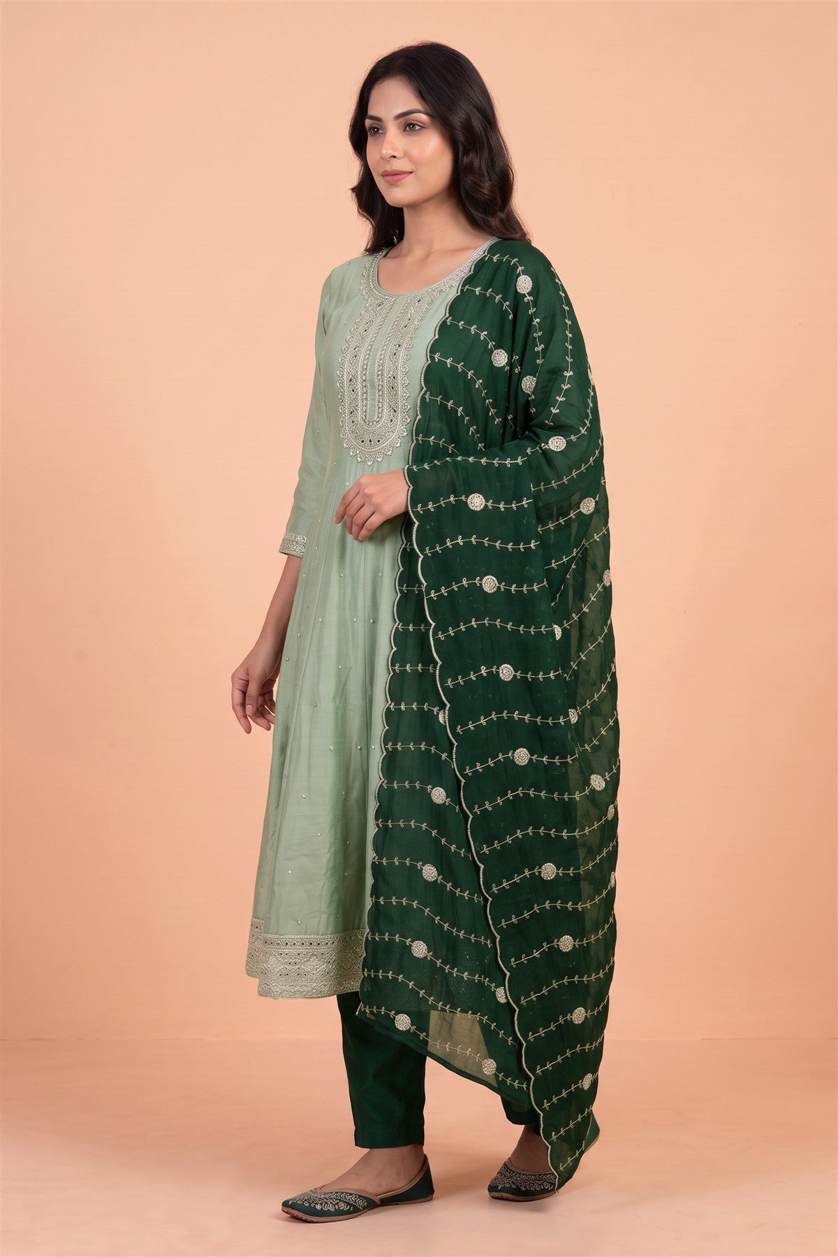 Chanderi Silk Embroidered Pista Kurti Set With Dupatta