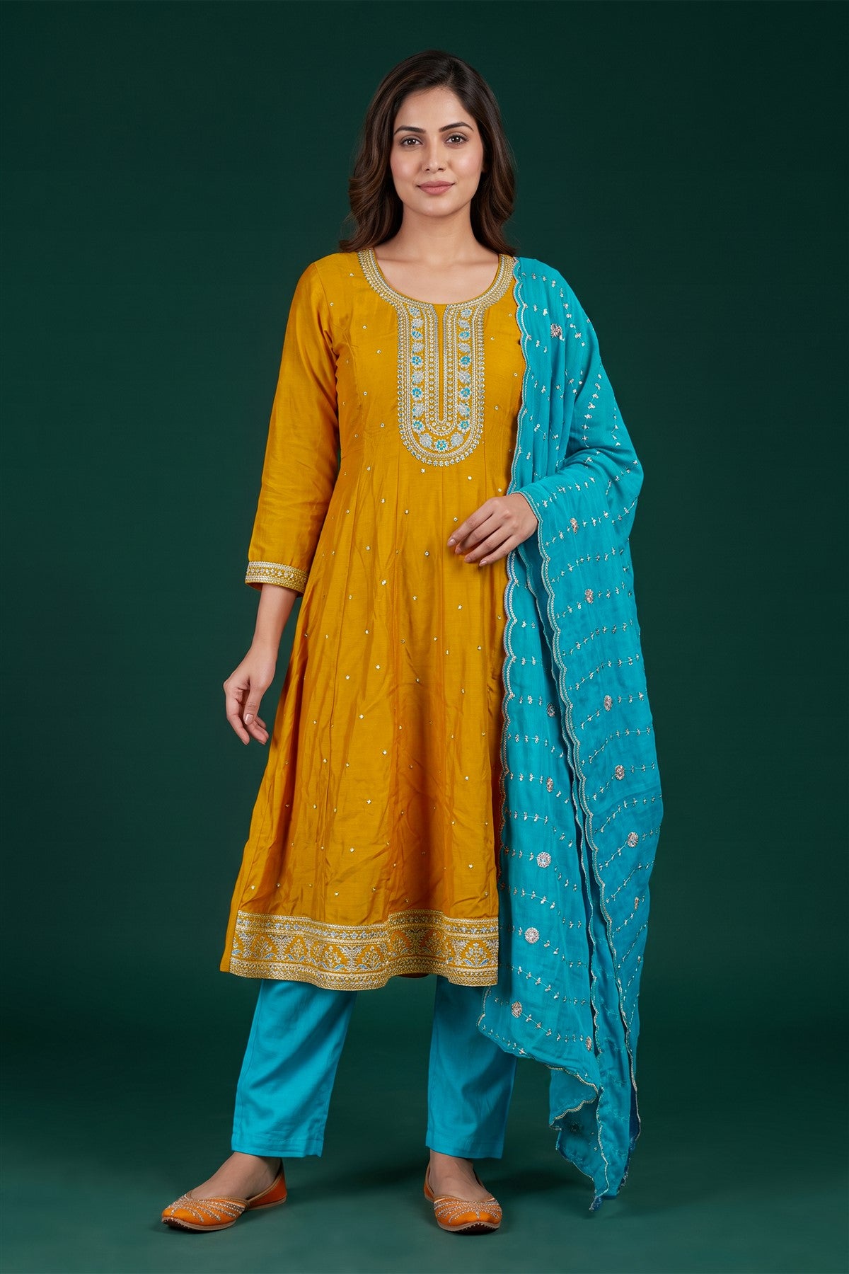 Chanderi Silk Embroidered Mustard Kurti Set With Dupatta