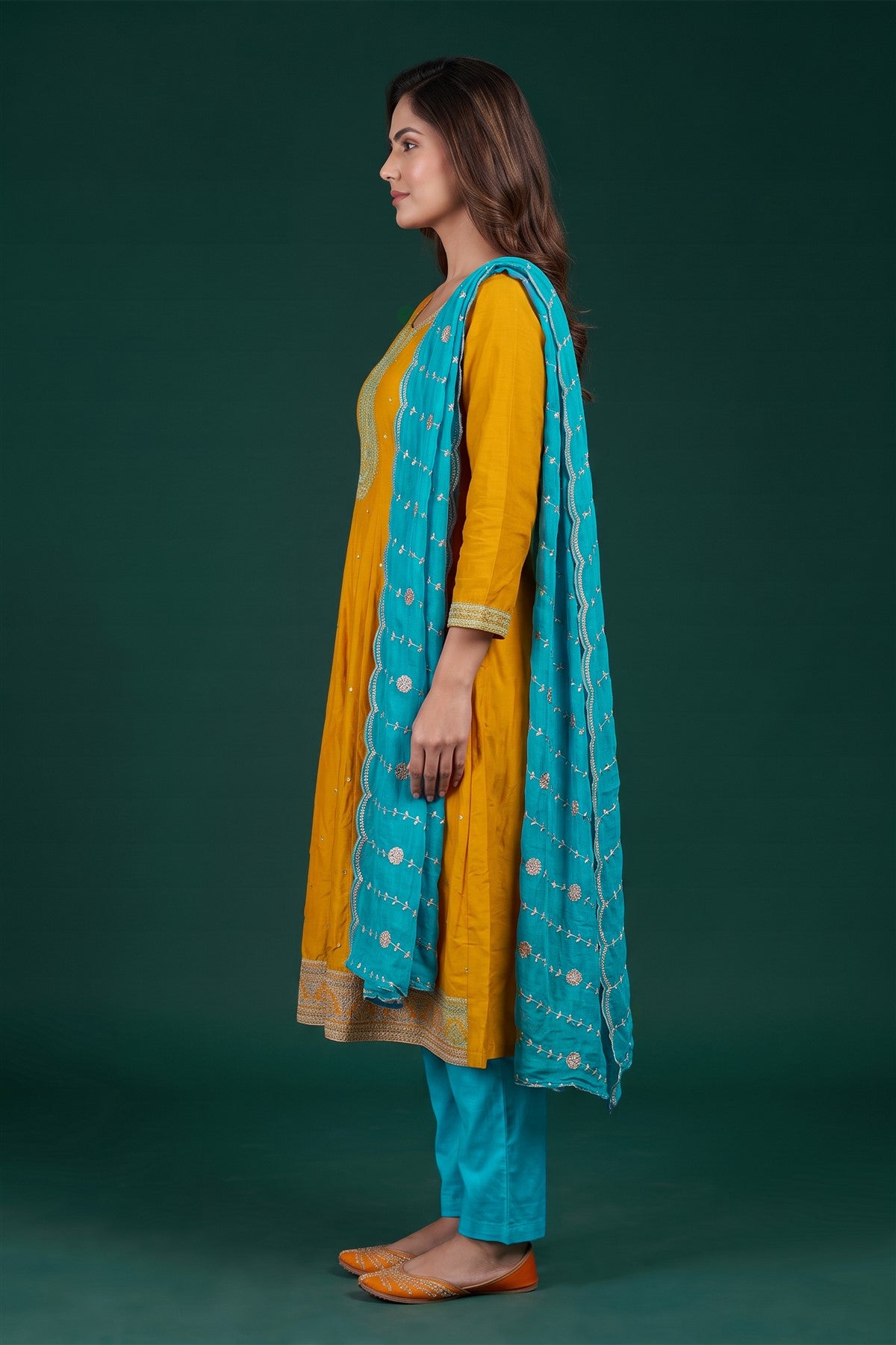 Chanderi Silk Embroidered Mustard Kurti Set With Dupatta