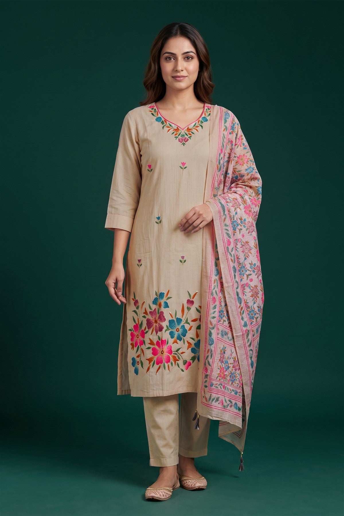 Chanderi Silk Embroidered Skin Kurti Set With Dupatta