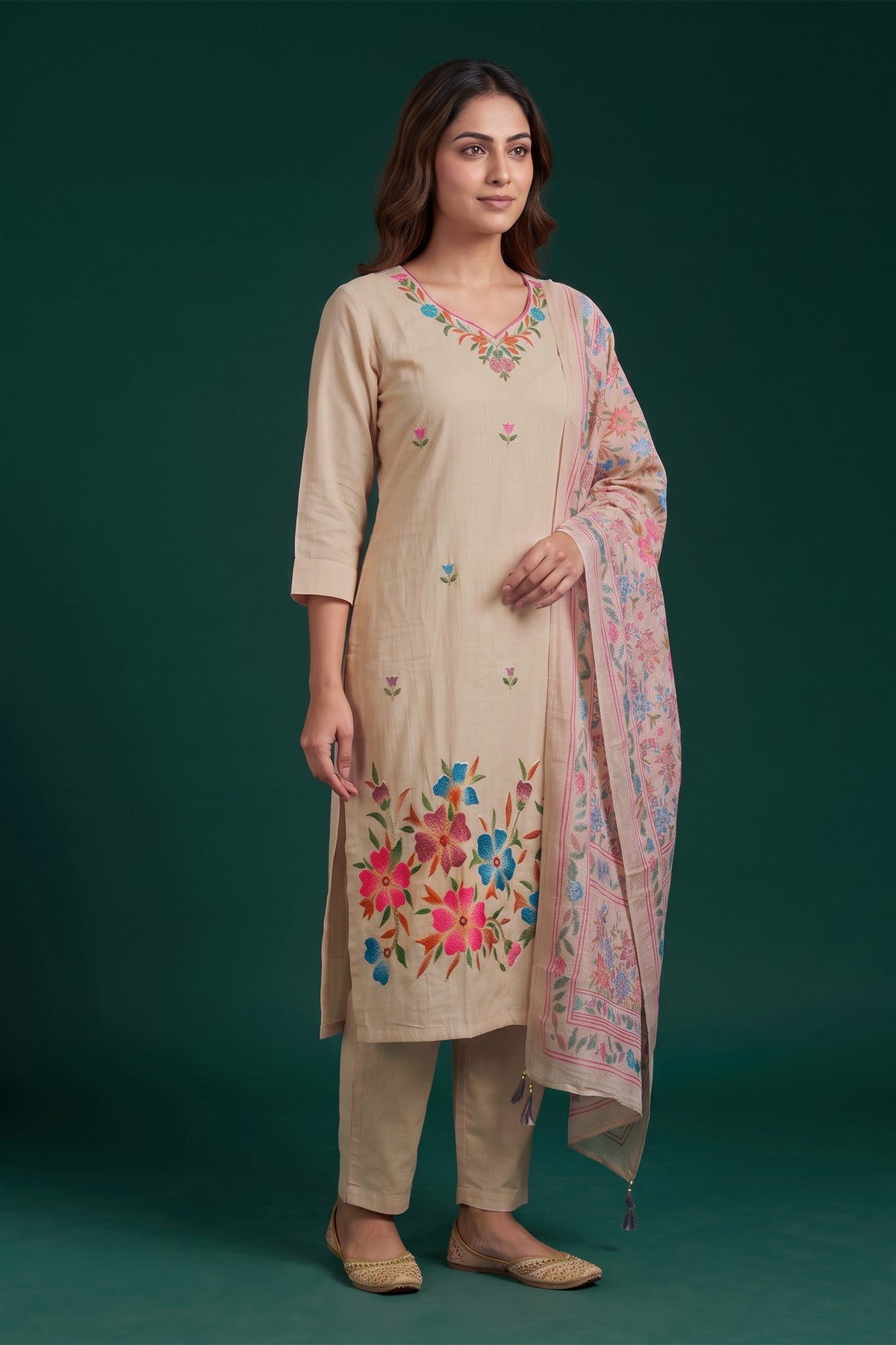 Chanderi Silk Embroidered Skin Kurti Set With Dupatta