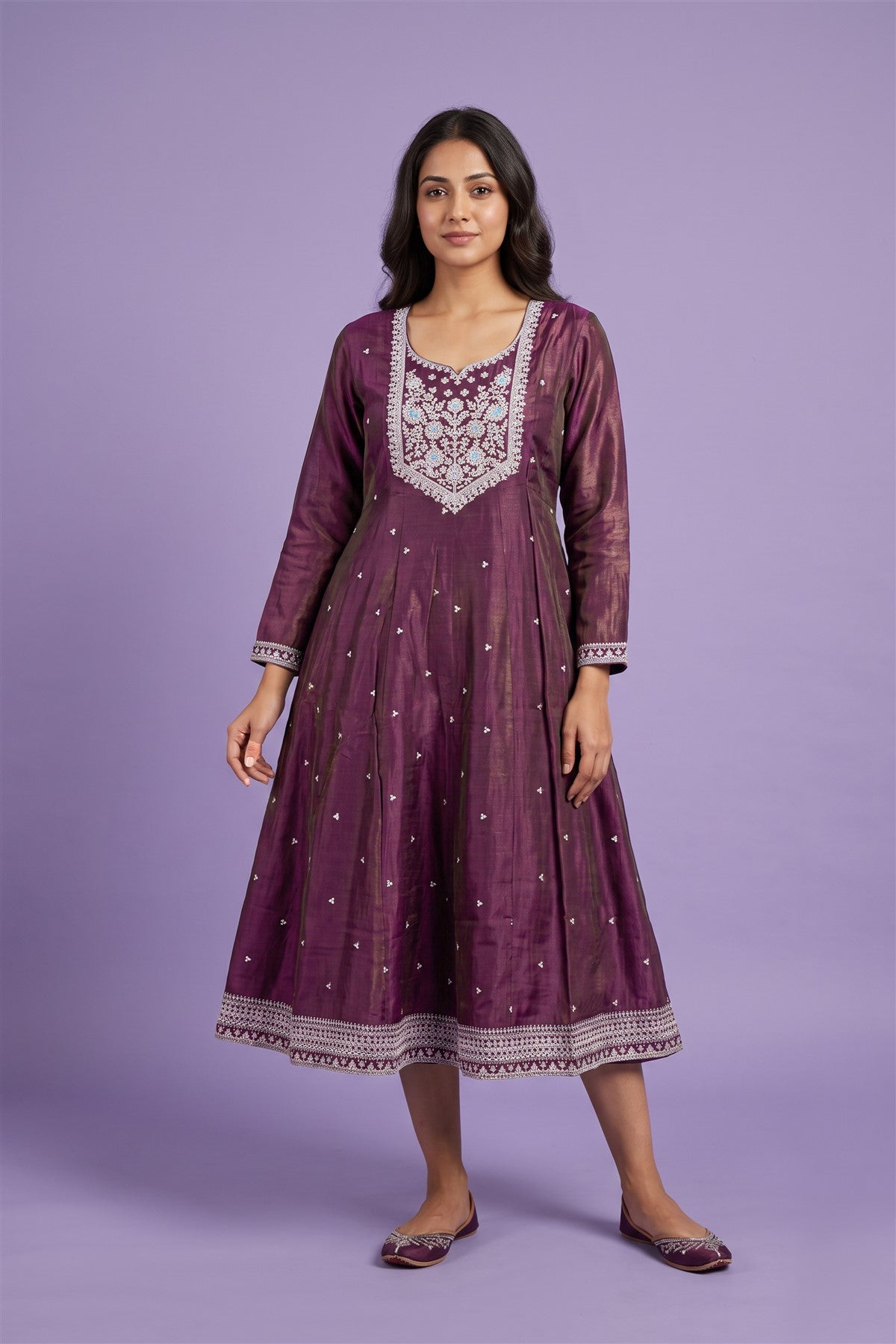Mul Chanderi Embroidered French Wine Kurti
