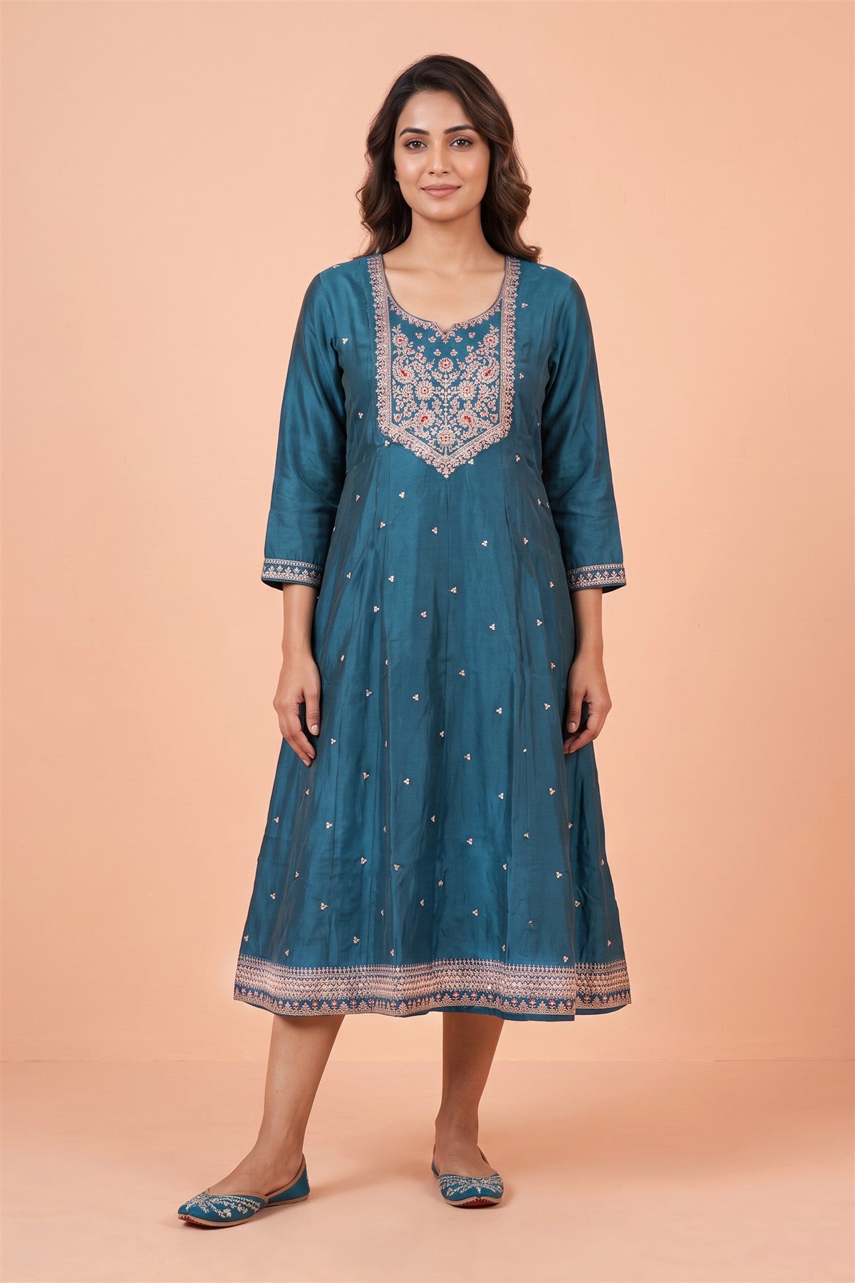 Mul Chanderi Embroidered Blue Kurti