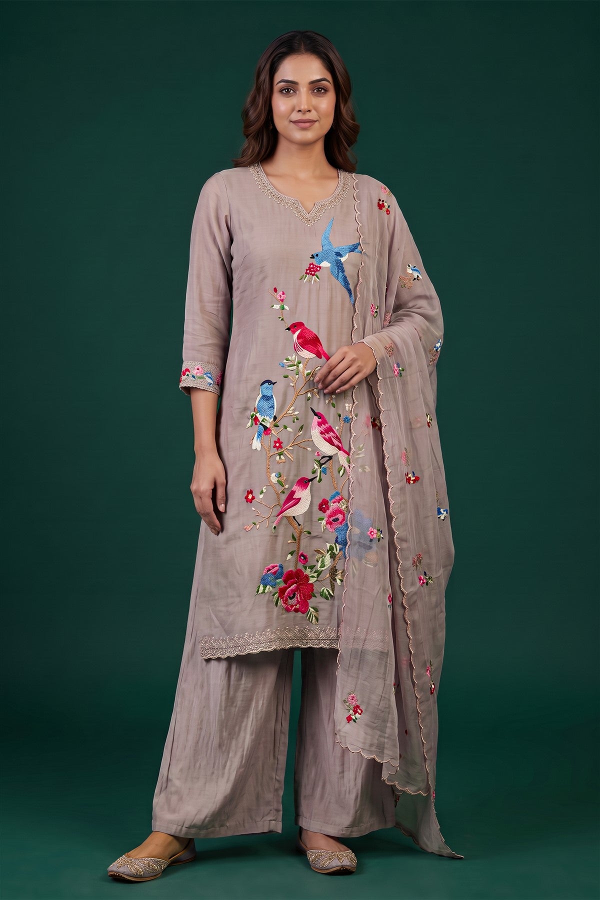 Mul Chanderi Embroidered Beige Kurti Set With Dupatta