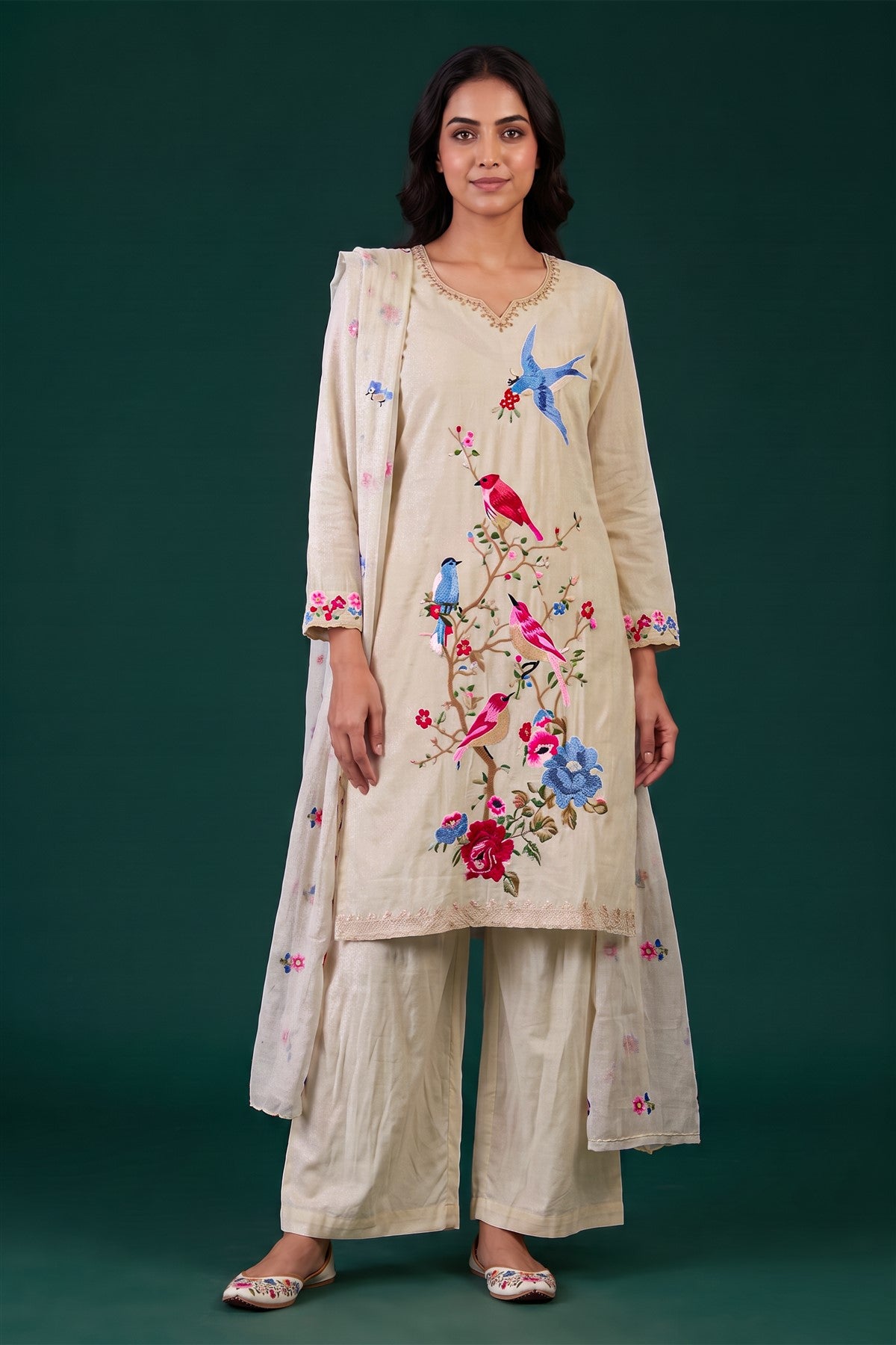 Mul Chanderi Embroidered Cream Kurti Set With Dupatta