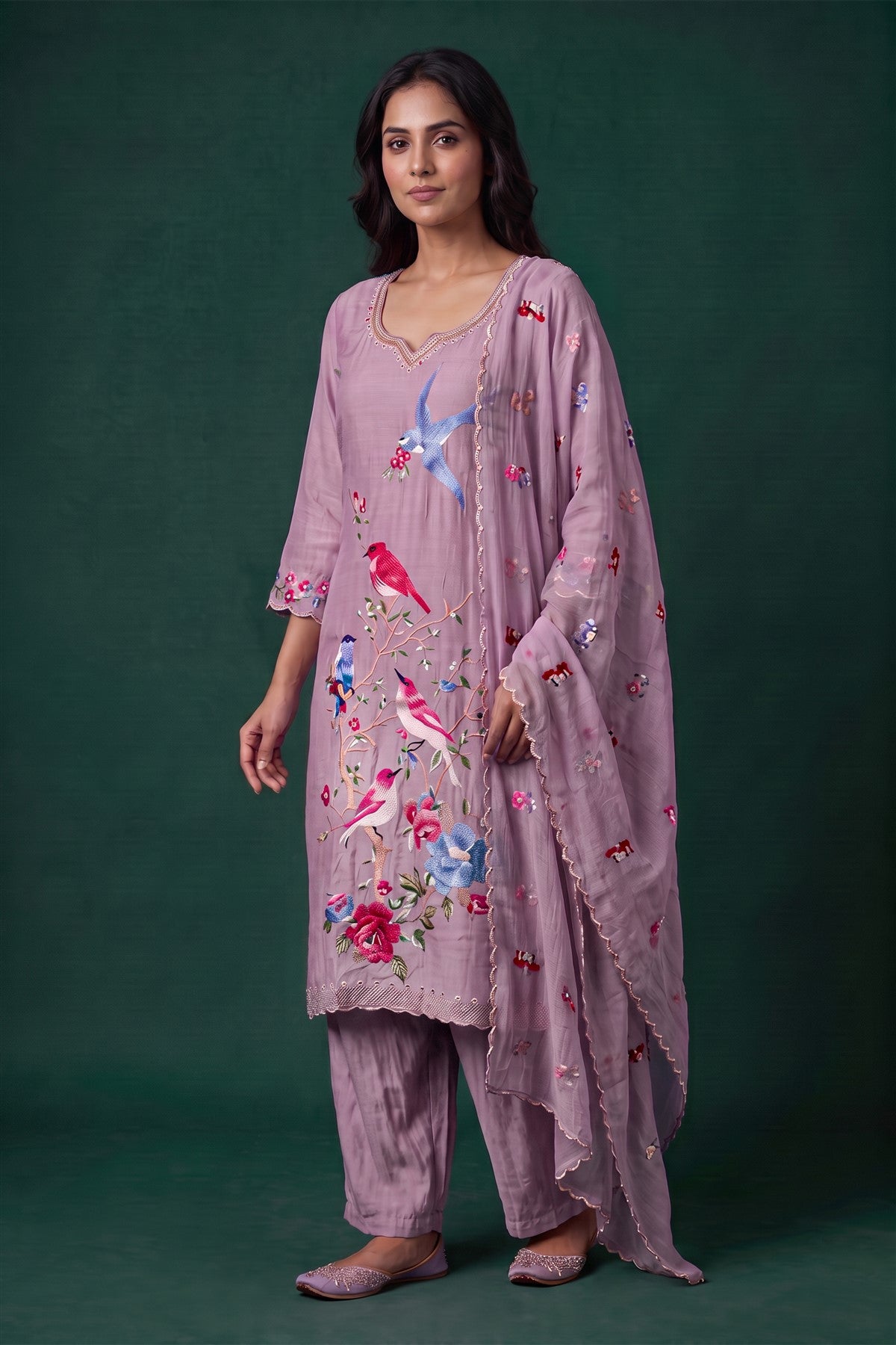 Mul Chanderi Embroidered Lavender Kurti Set With Dupatta
