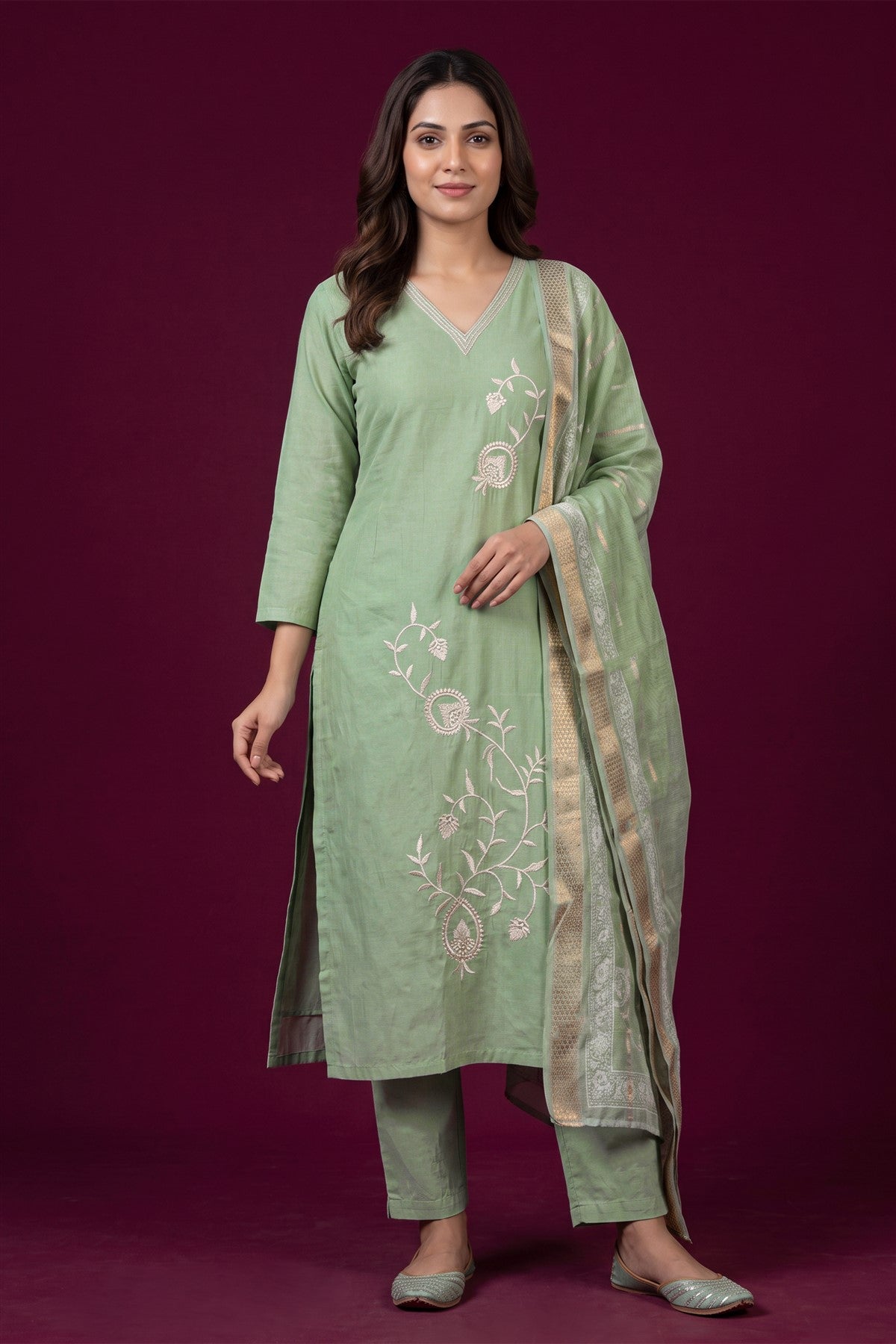 Chanderi Embroidered Pista Kurti Set With Dupatta