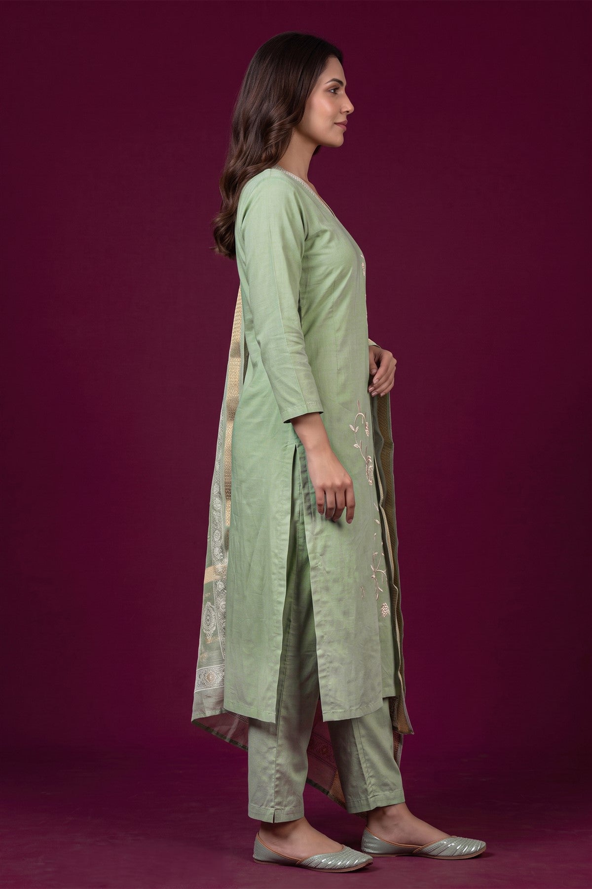 Chanderi Embroidered Pista Kurti Set With Dupatta