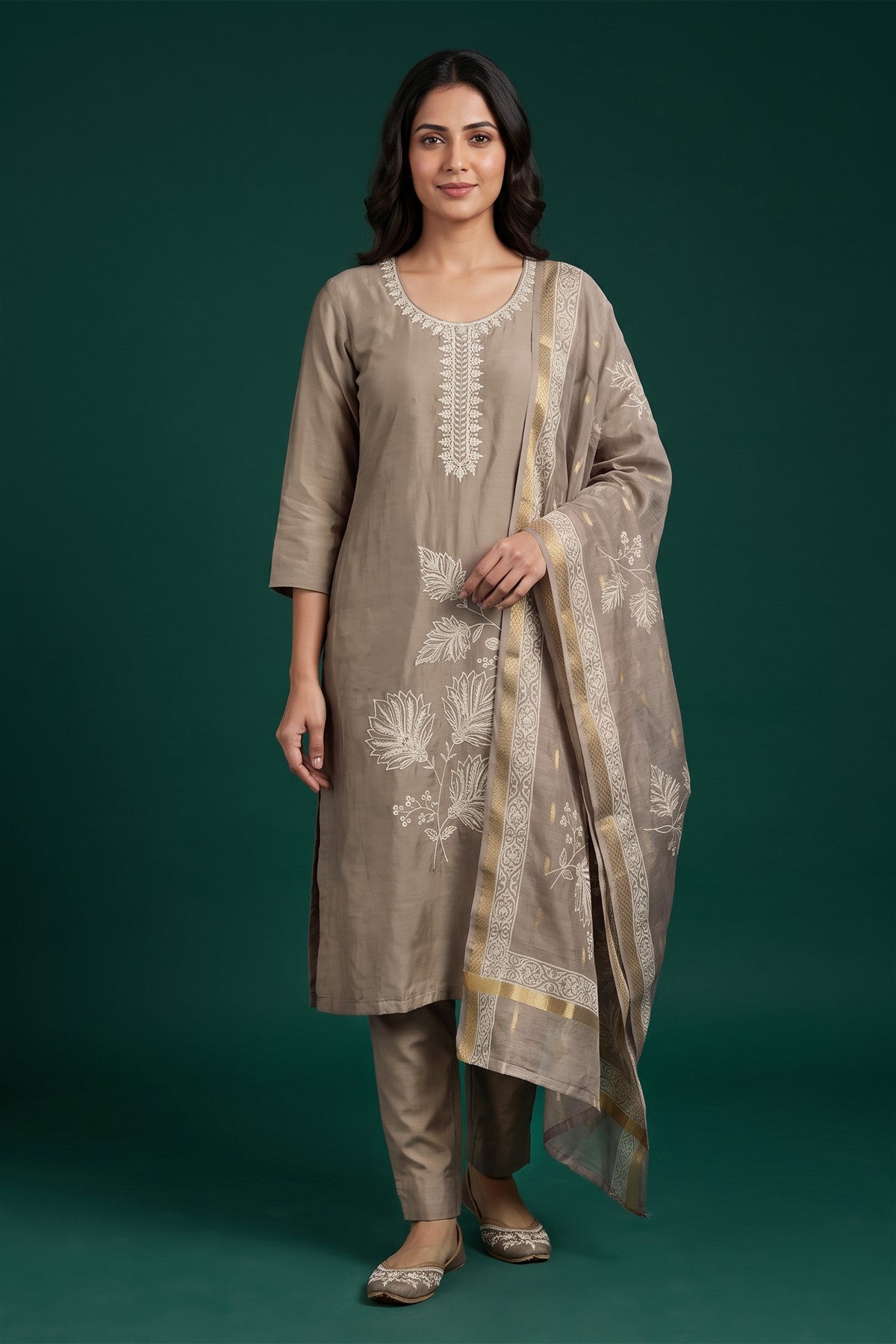 Chanderi Embroidered Sand Kurti Set With Dupatta