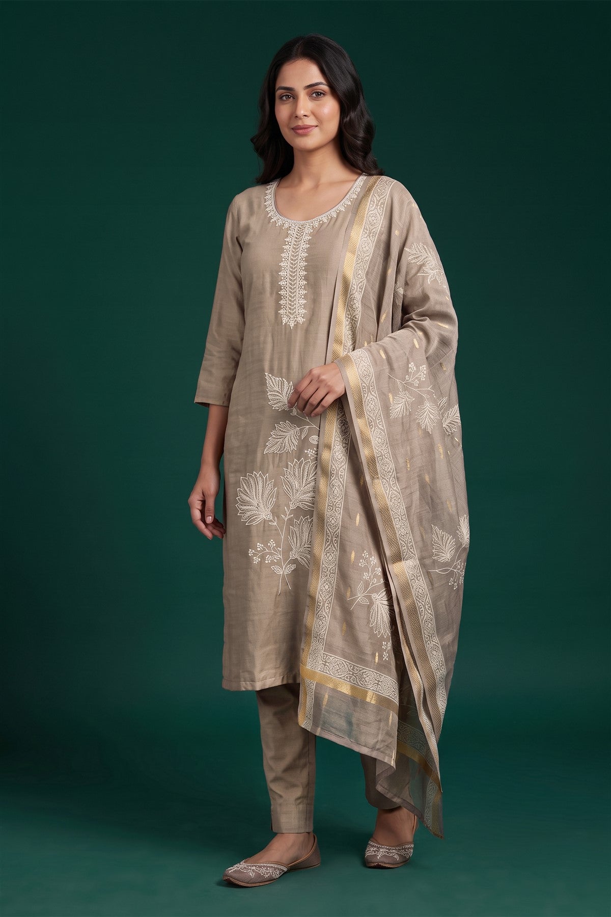 Chanderi Embroidered Sand Kurti Set With Dupatta
