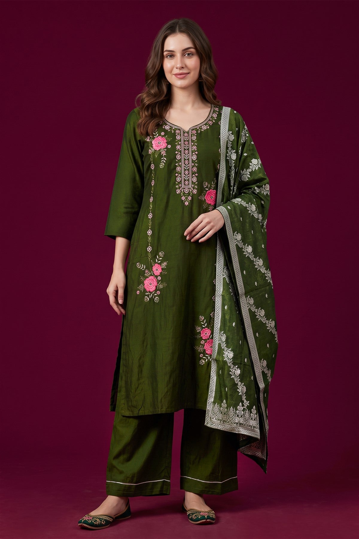 Mul Chanderi Embroidered Bottle Green Kurti Set With Dupatta