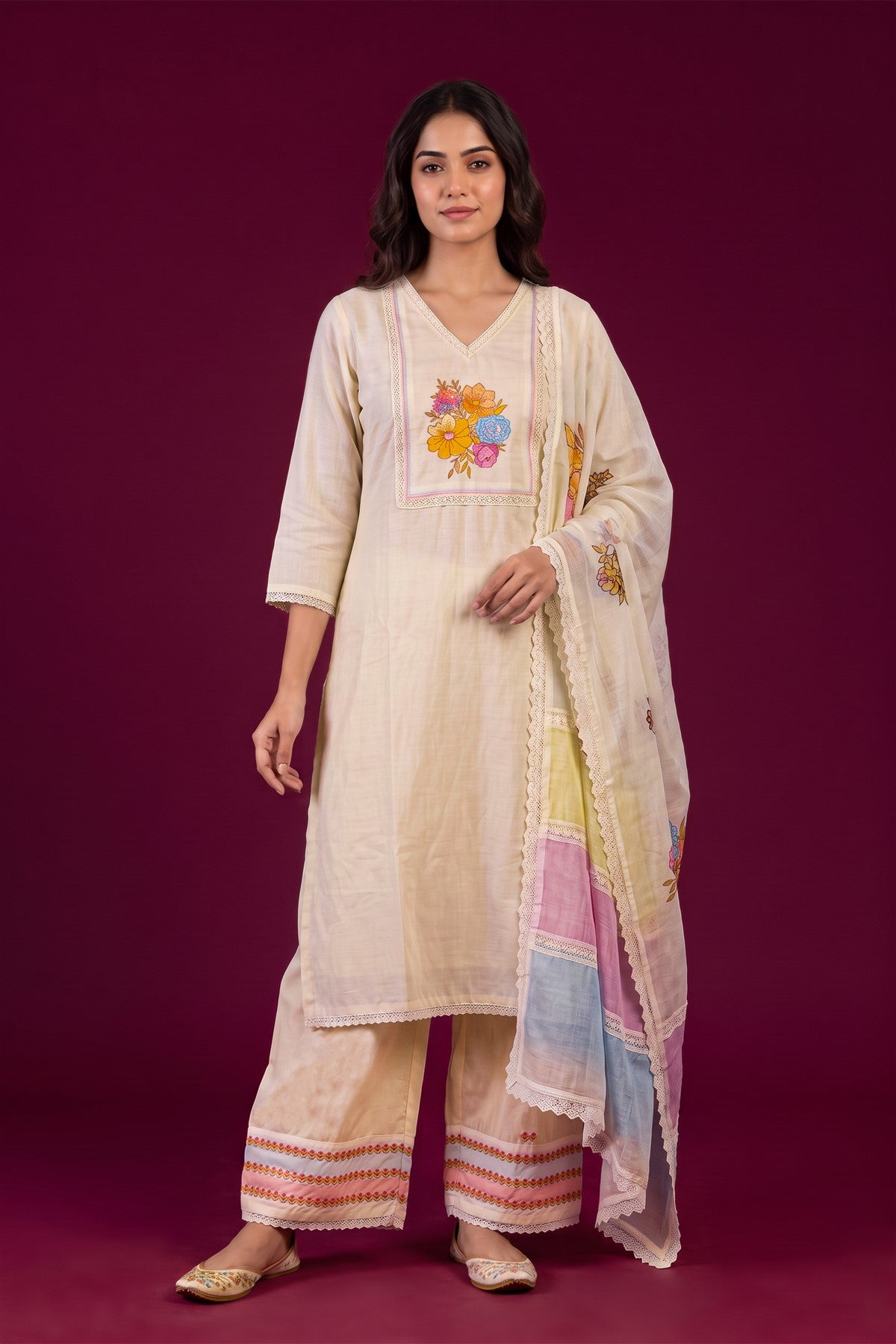 Cotton Linen Embroidered Cream Kurti Set With Dupatta