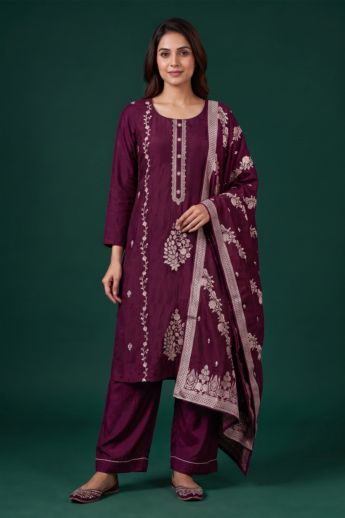 Mul Chanderi Embroidered Wine Kurti Set With Dupatta