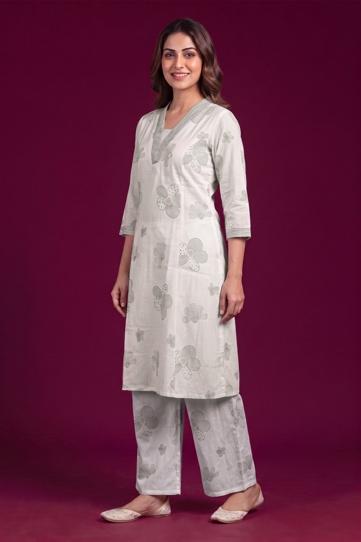Rayon Printed Off White Kurti Set