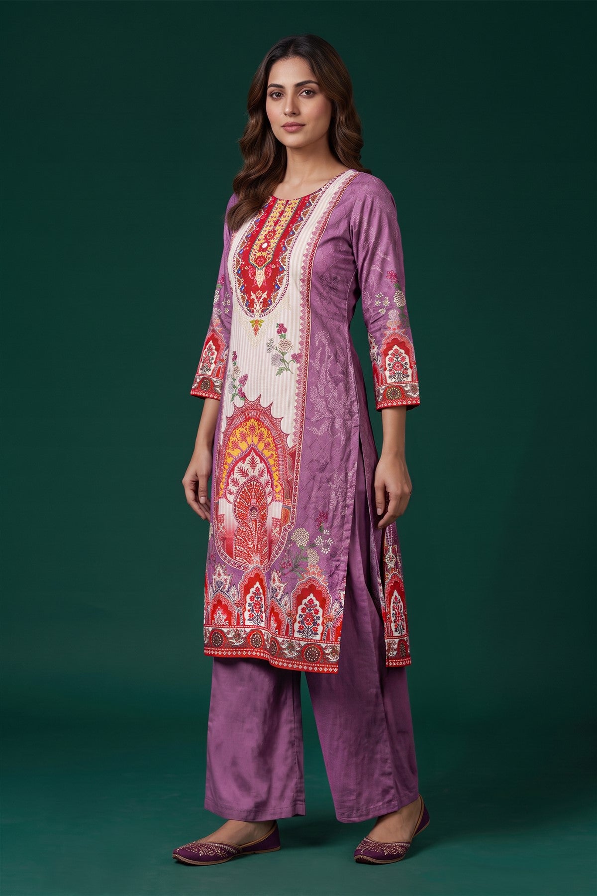 Chanderi Printed Mauve Kurti Set With Dupatta