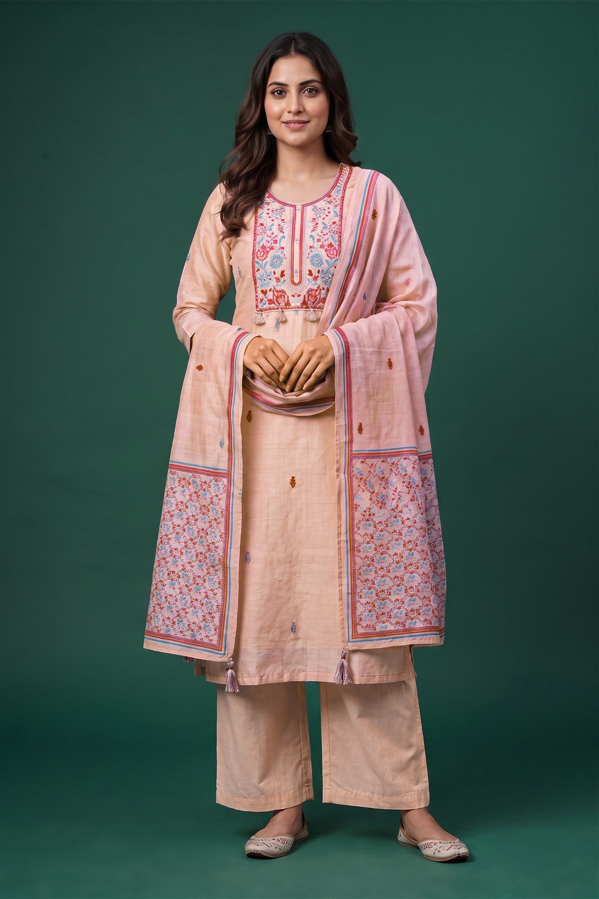 Cotton Linen Embroidered Light Peach Kurti Set With Dupatta