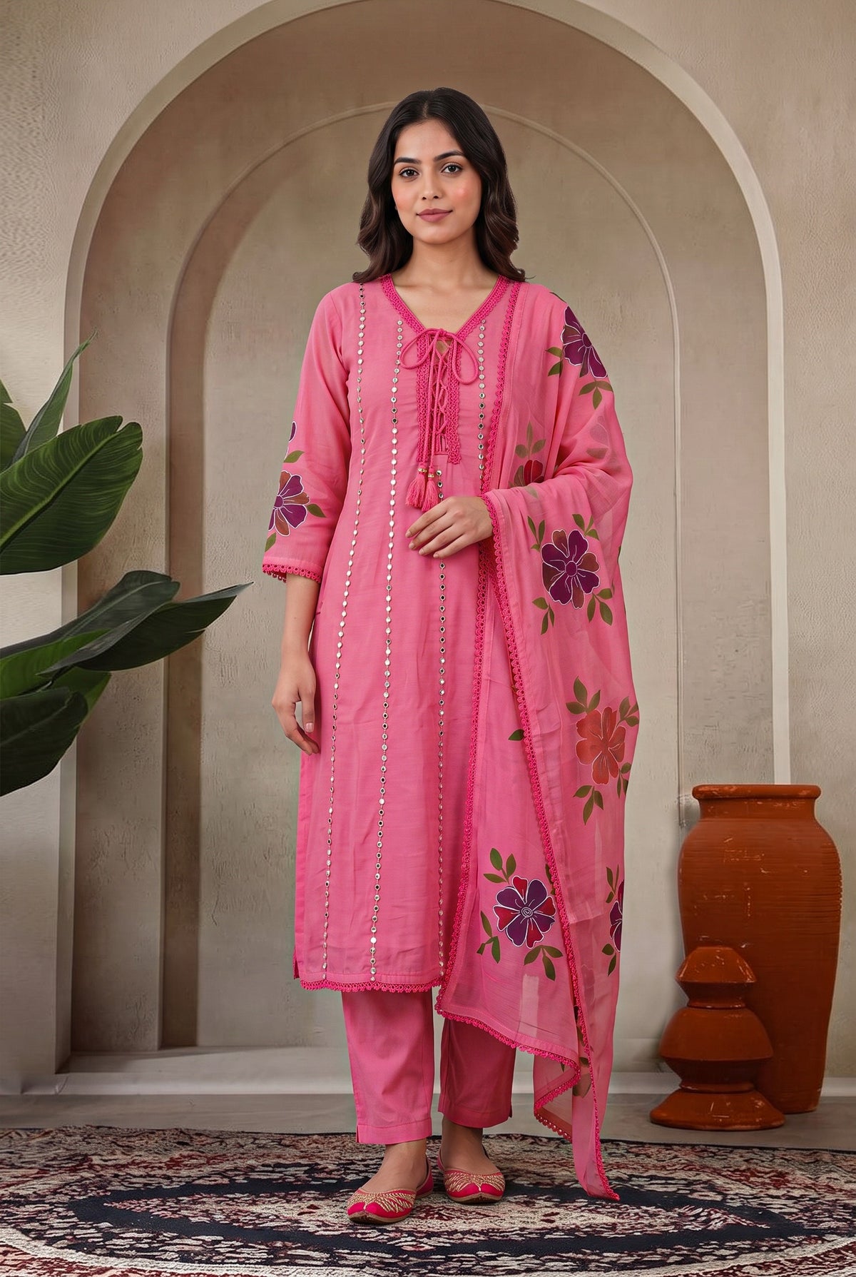 Chanderi Silk Embroidered Pink Kurti Set With Dupatta